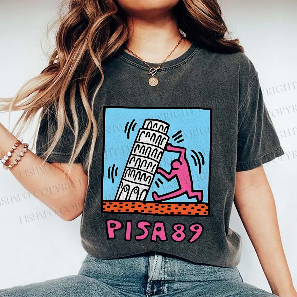Unisex Leaning Tower of Pisa Funny Graffiti Printed Washed Tee