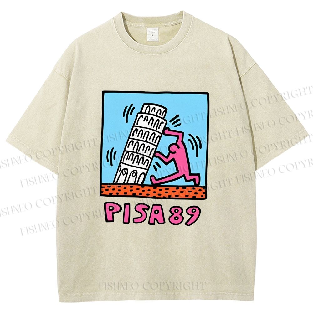 Unisex Leaning Tower of Pisa Funny Graffiti Printed Washed Tee