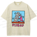 Unisex Leaning Tower of Pisa Funny Graffiti Printed Washed Tee