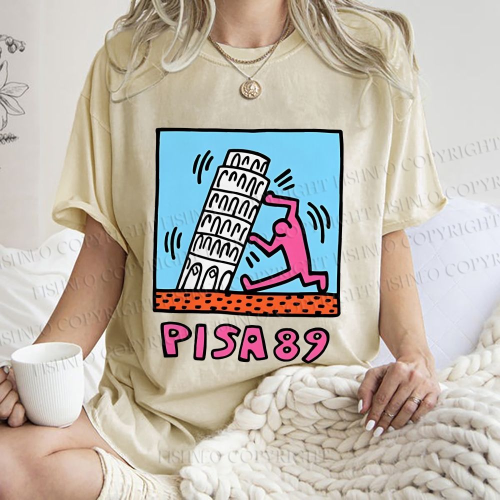 Unisex Leaning Tower of Pisa Funny Graffiti Printed Washed Tee