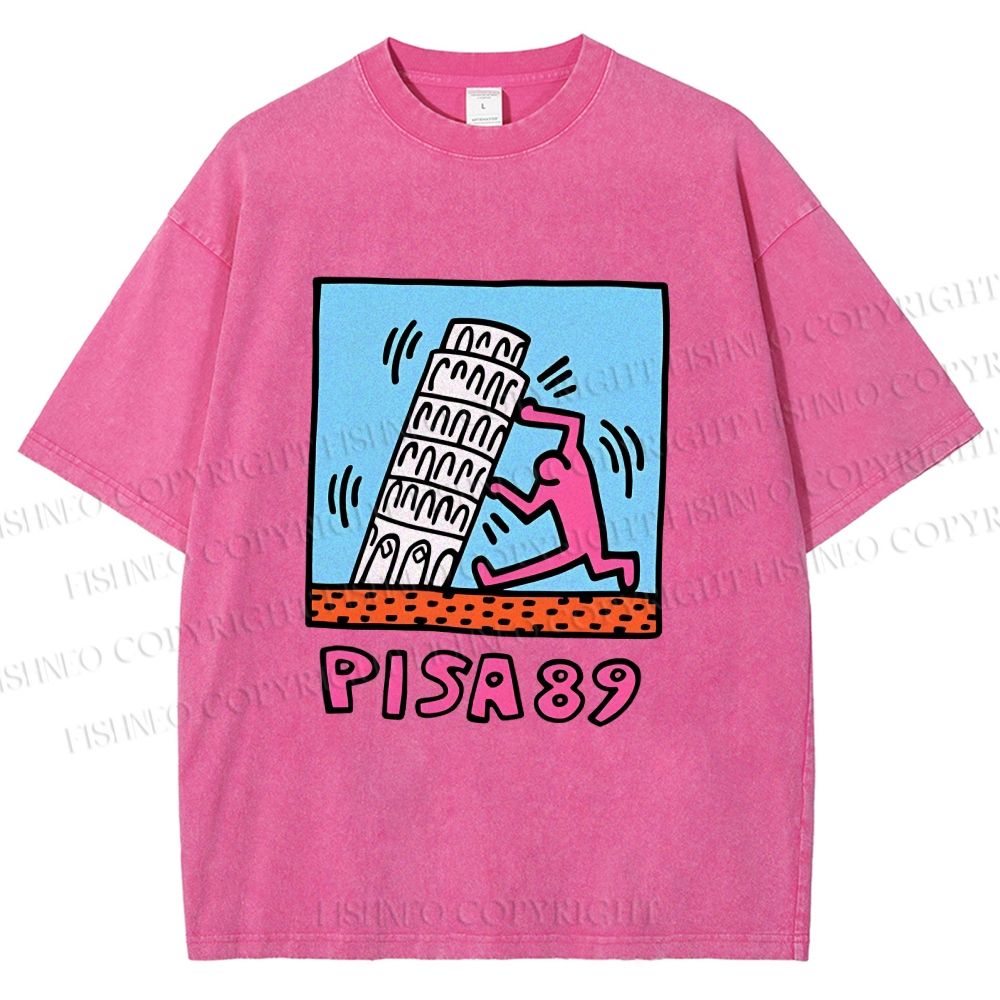 Unisex Leaning Tower of Pisa Funny Graffiti Printed Washed Tee