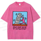 Unisex Leaning Tower of Pisa Funny Graffiti Printed Washed Tee