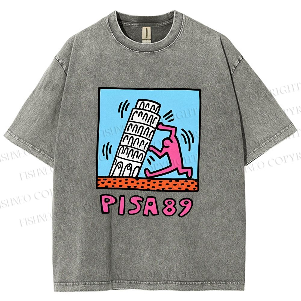Unisex Leaning Tower of Pisa Funny Graffiti Printed Washed Tee