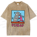 Unisex Leaning Tower of Pisa Funny Graffiti Printed Washed Tee