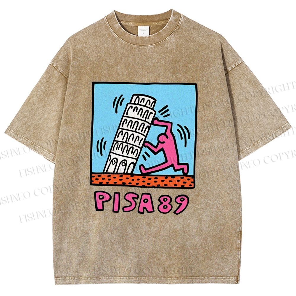 Unisex Leaning Tower of Pisa Funny Graffiti Printed Washed Tee