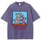 Unisex Leaning Tower of Pisa Funny Graffiti Printed Washed Tee