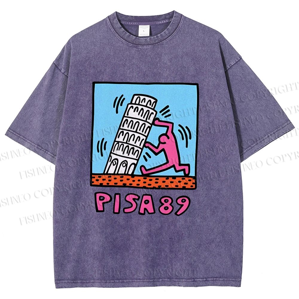 Unisex Leaning Tower of Pisa Funny Graffiti Printed Washed Tee