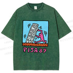 Unisex Leaning Tower of Pisa Funny Graffiti Printed Washed Tee