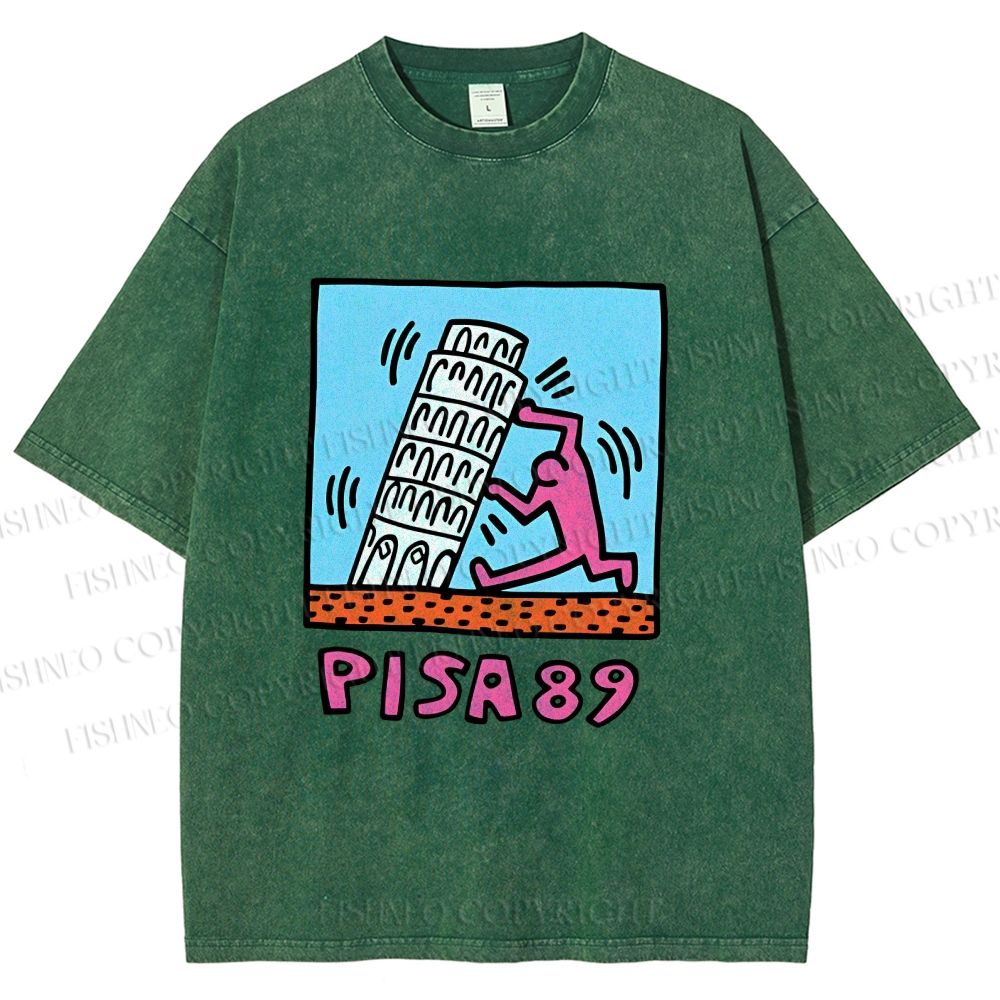 Unisex Leaning Tower of Pisa Funny Graffiti Printed Washed Tee