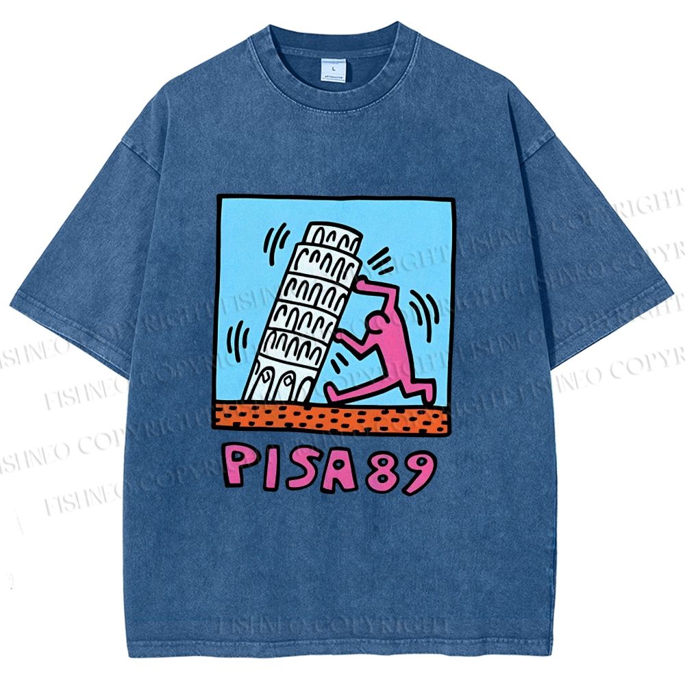 Unisex Leaning Tower of Pisa Funny Graffiti Printed Washed Tee