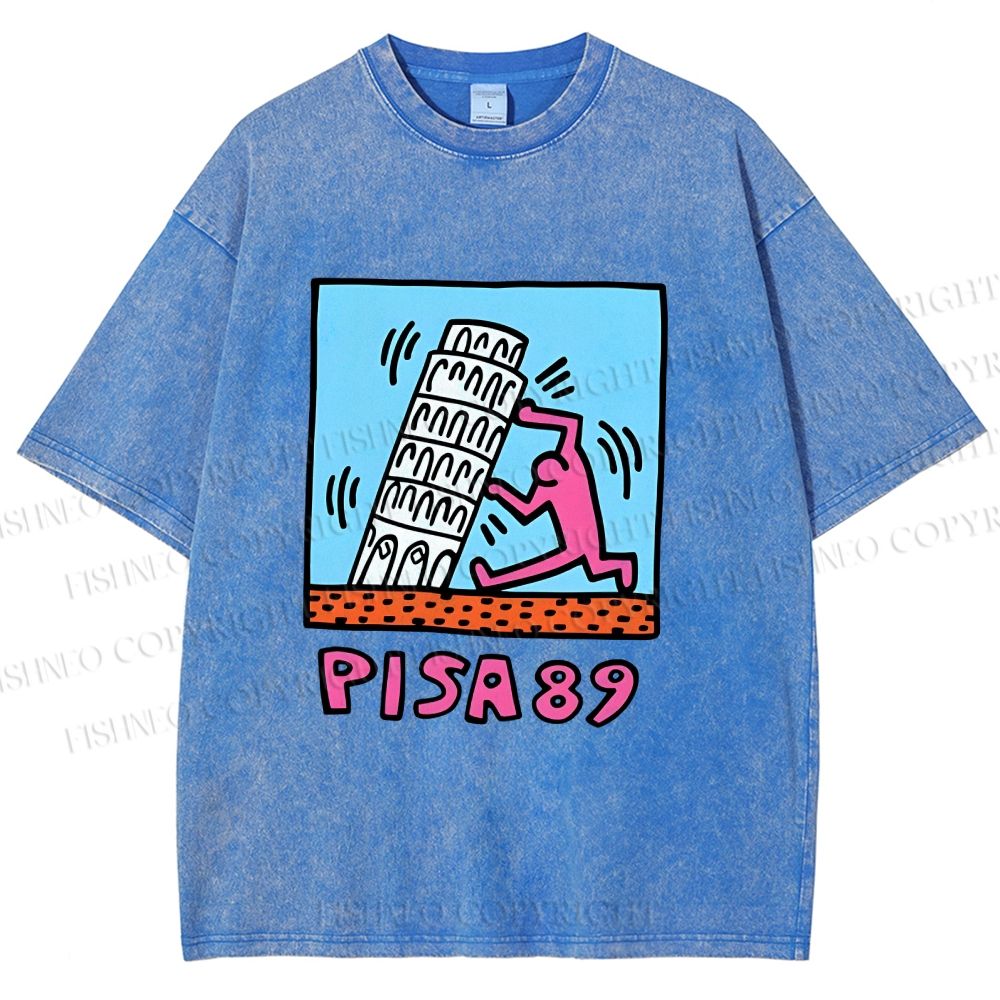 Unisex Leaning Tower of Pisa Funny Graffiti Printed Washed Tee
