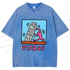 Unisex Leaning Tower of Pisa Funny Graffiti Printed Washed Tee