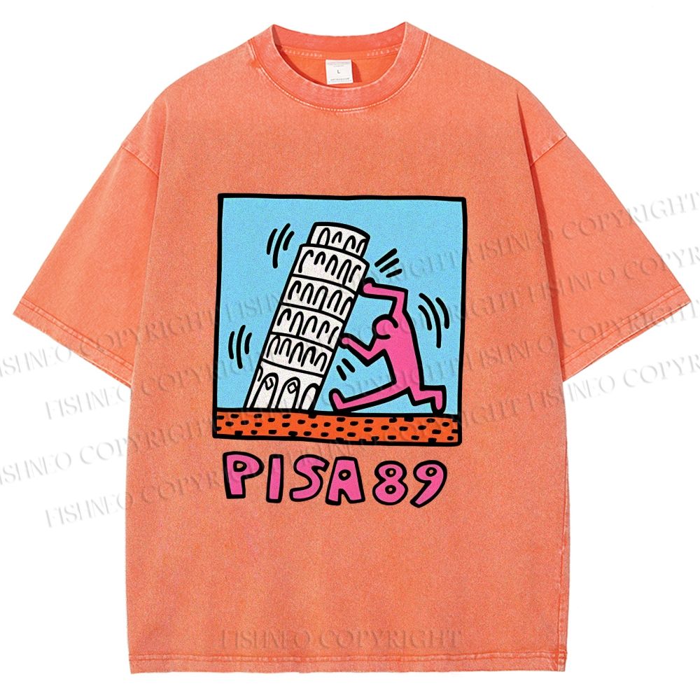 Unisex Leaning Tower of Pisa Funny Graffiti Printed Washed Tee