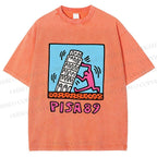 Unisex Leaning Tower of Pisa Funny Graffiti Printed Washed Tee