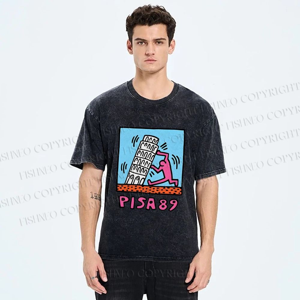 Unisex Leaning Tower of Pisa Funny Graffiti Printed Washed Tee