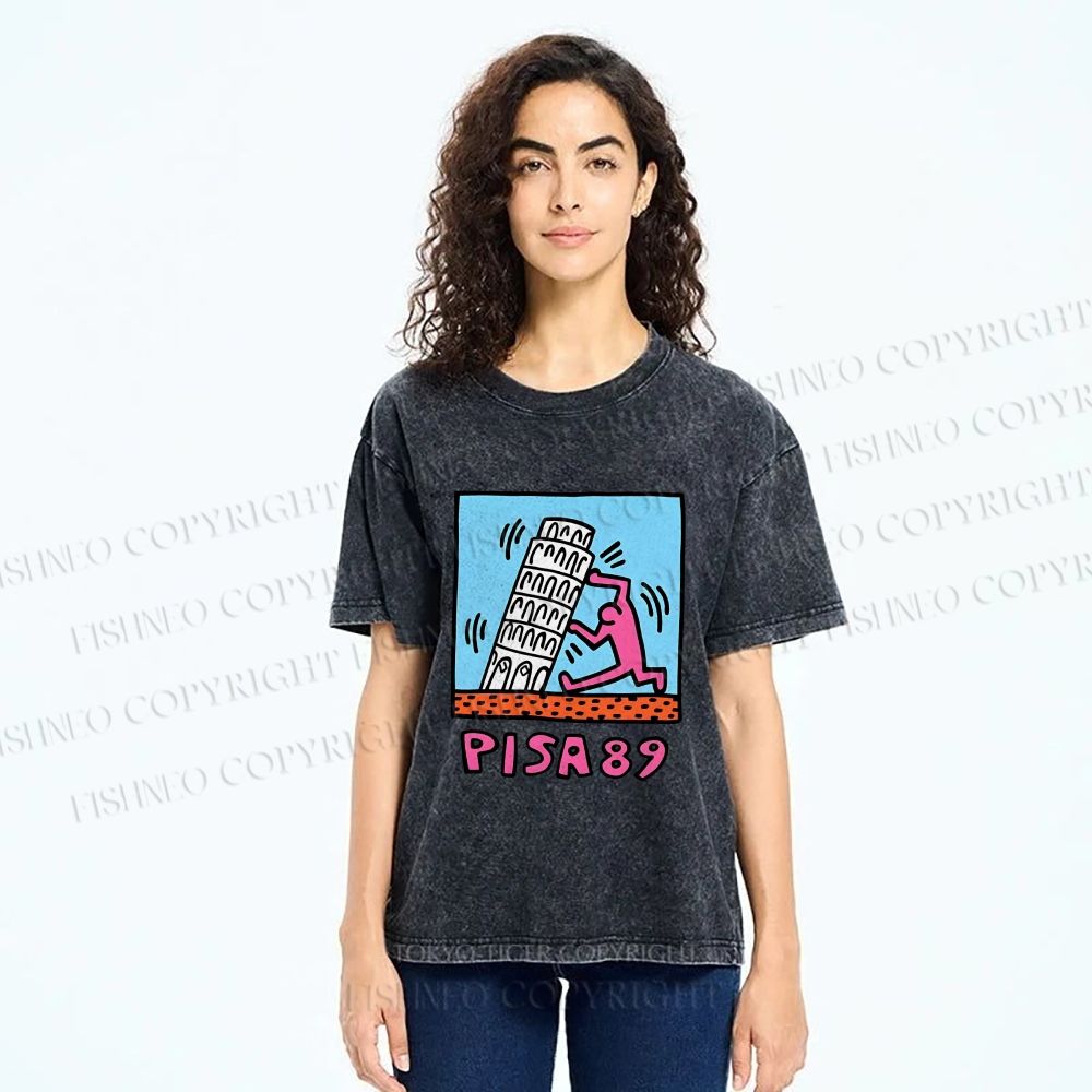 Unisex Leaning Tower of Pisa Funny Graffiti Printed Washed Tee