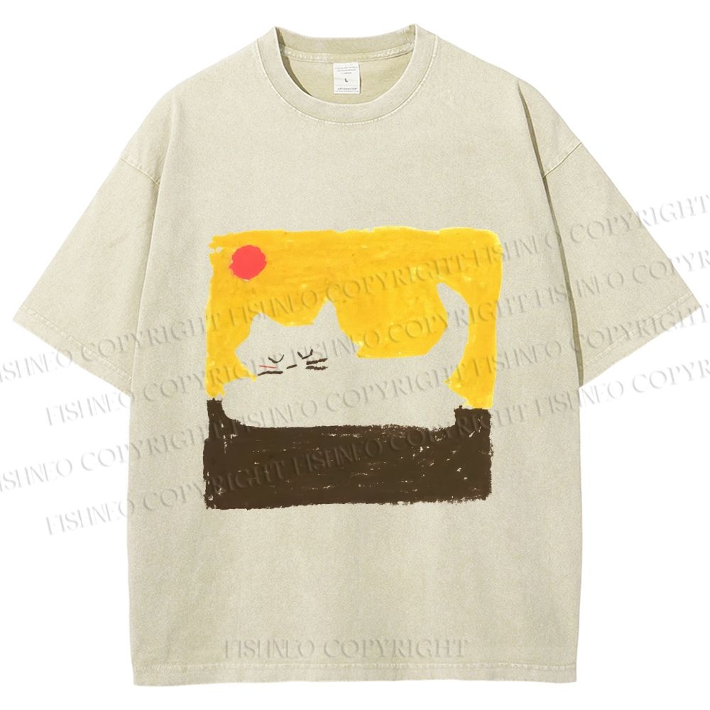 Unisex Cat Painting Printed Washed Tee