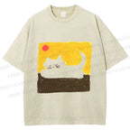 Unisex Cat Painting Printed Washed Tee