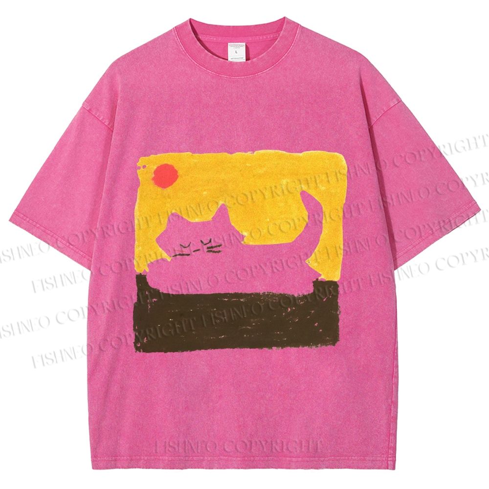 Unisex Cat Painting Printed Washed Tee