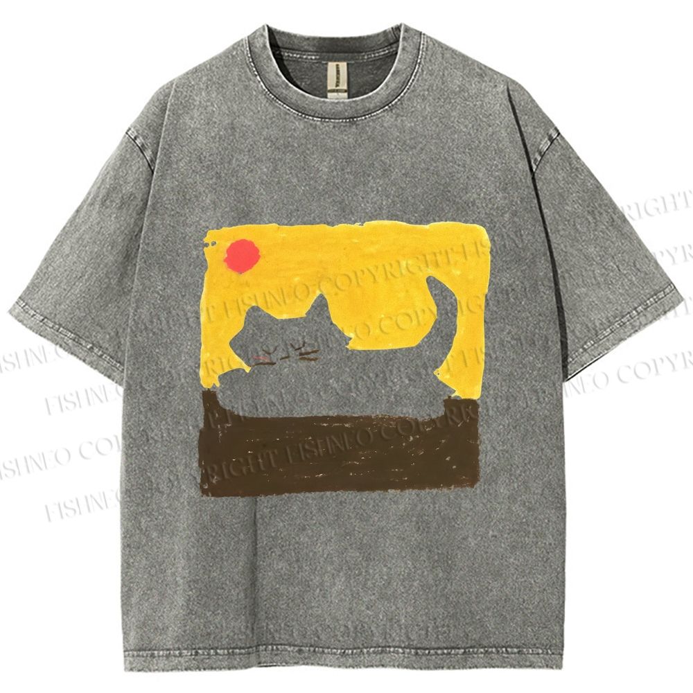 Unisex Cat Painting Printed Washed Tee