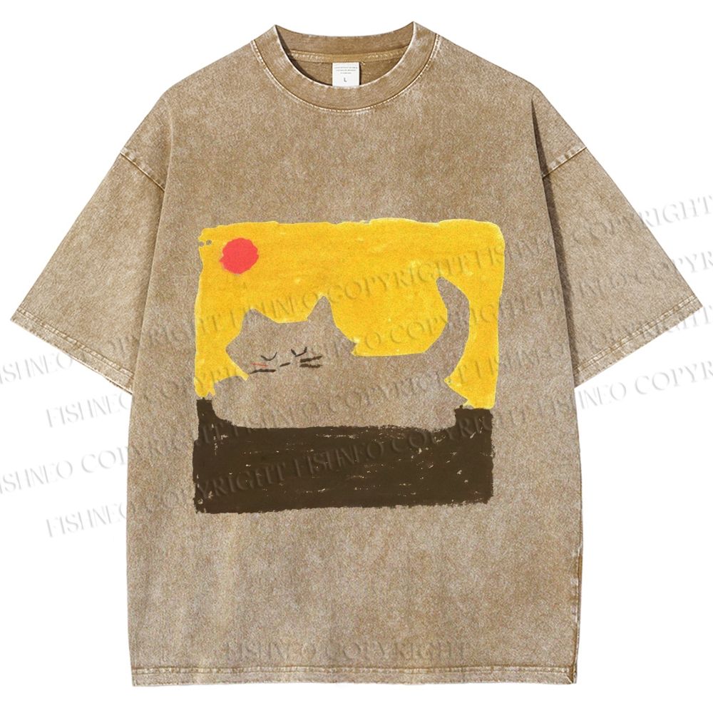 Unisex Cat Painting Printed Washed Tee