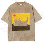 Unisex Cat Painting Printed Washed Tee