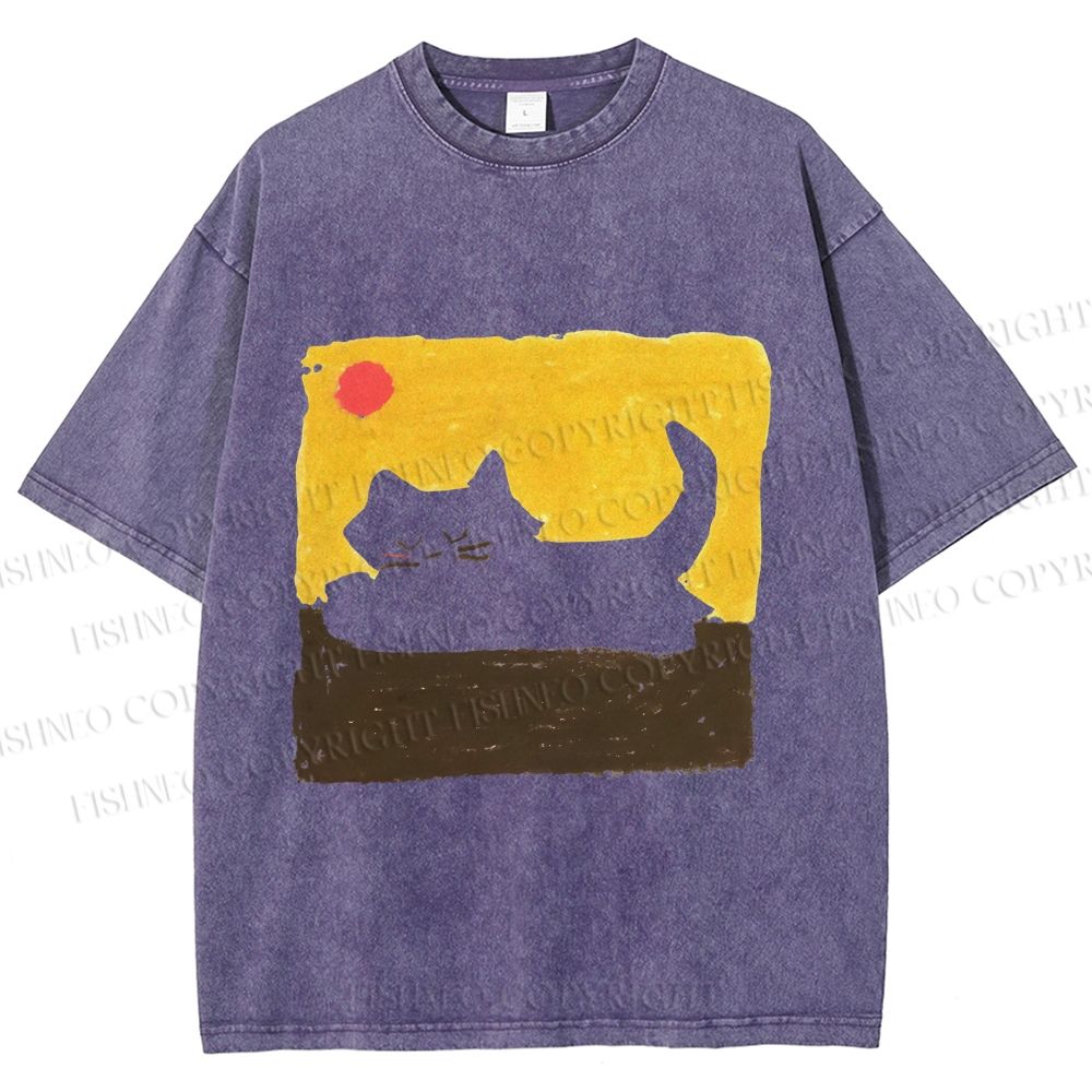 Unisex Cat Painting Printed Washed Tee