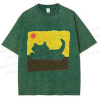 Unisex Cat Painting Printed Washed Tee