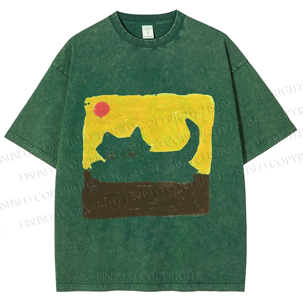 Unisex Cat Painting Printed Washed Tee