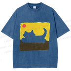 Unisex Cat Painting Printed Washed Tee