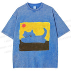 Unisex Cat Painting Printed Washed Tee