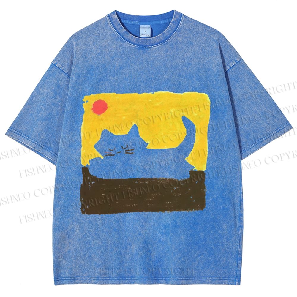 Unisex Cat Painting Printed Washed Tee