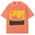 Unisex Cat Painting Printed Washed Tee