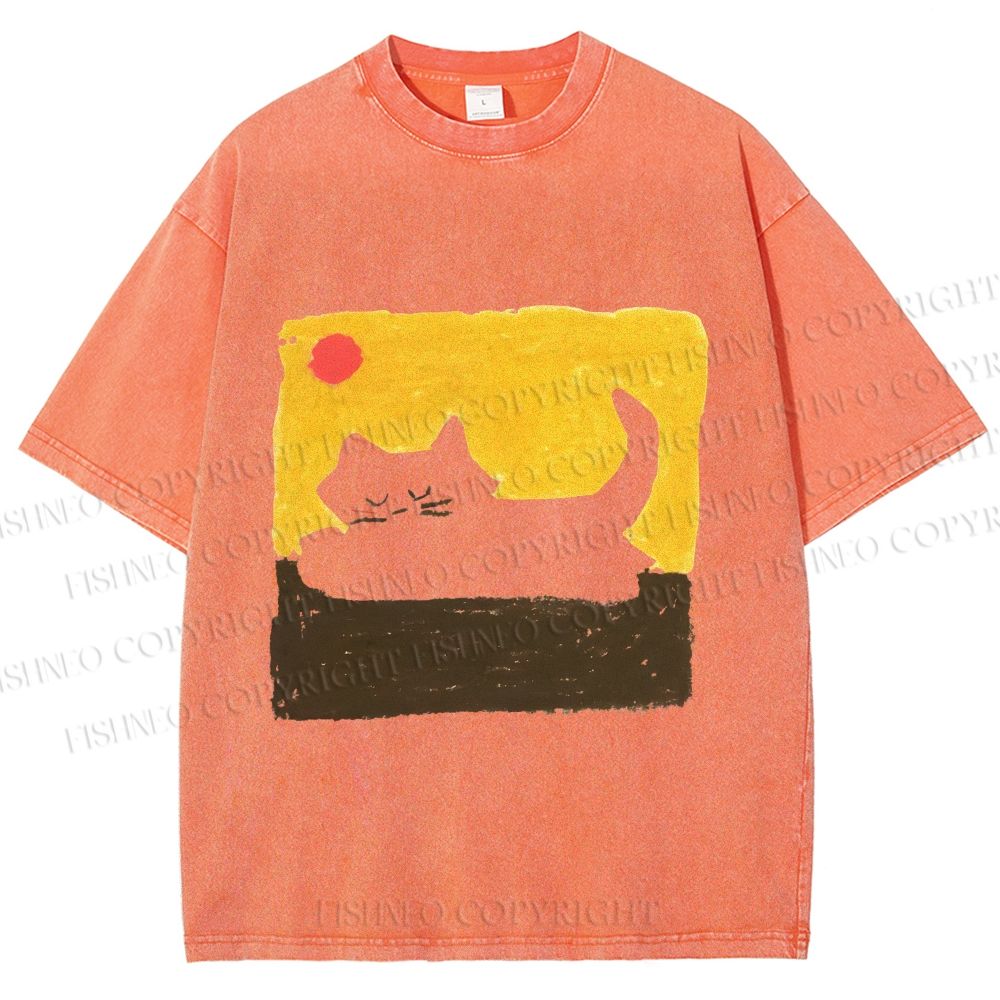Unisex Cat Painting Printed Washed Tee