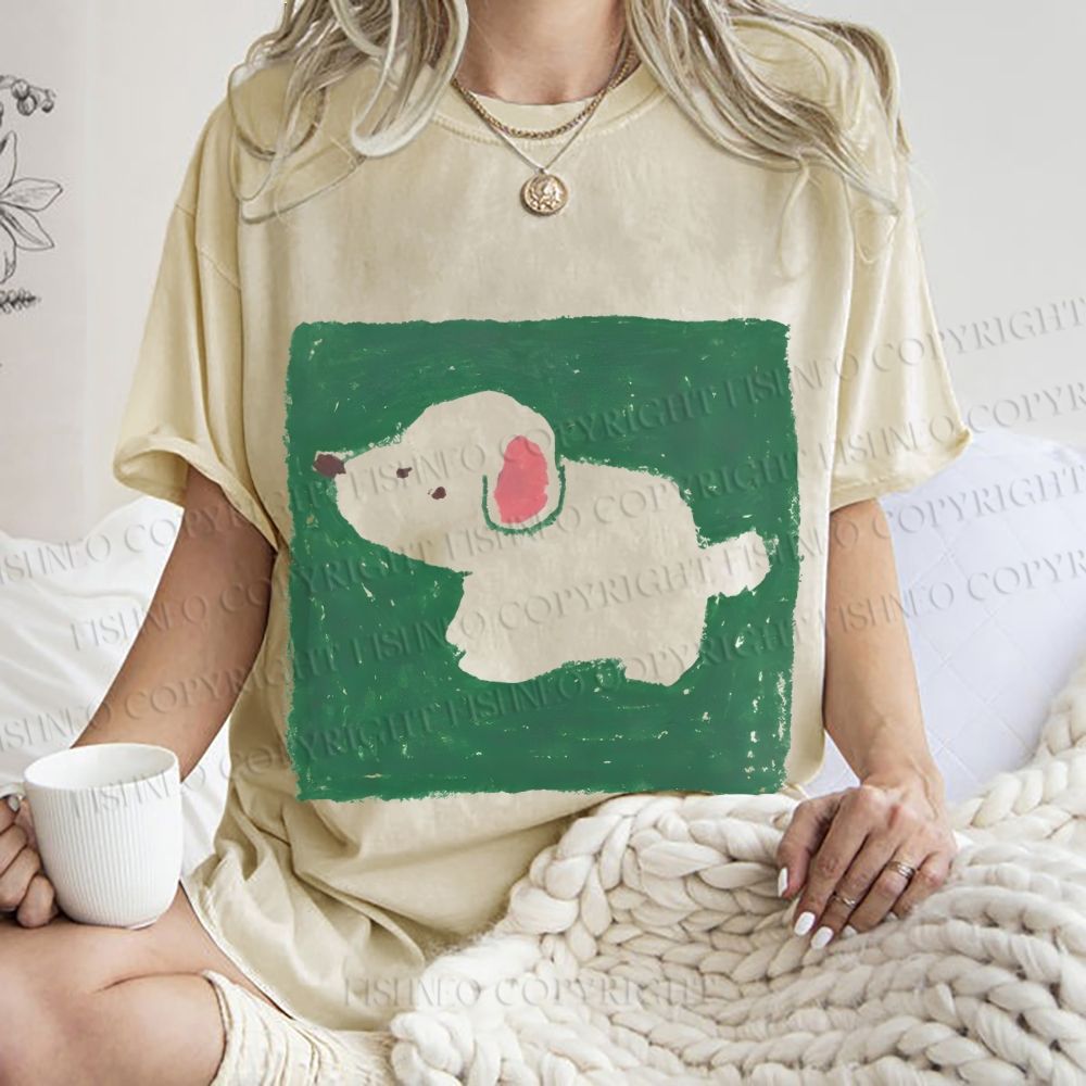 Unisex Dog Painting Printed Washed Tee