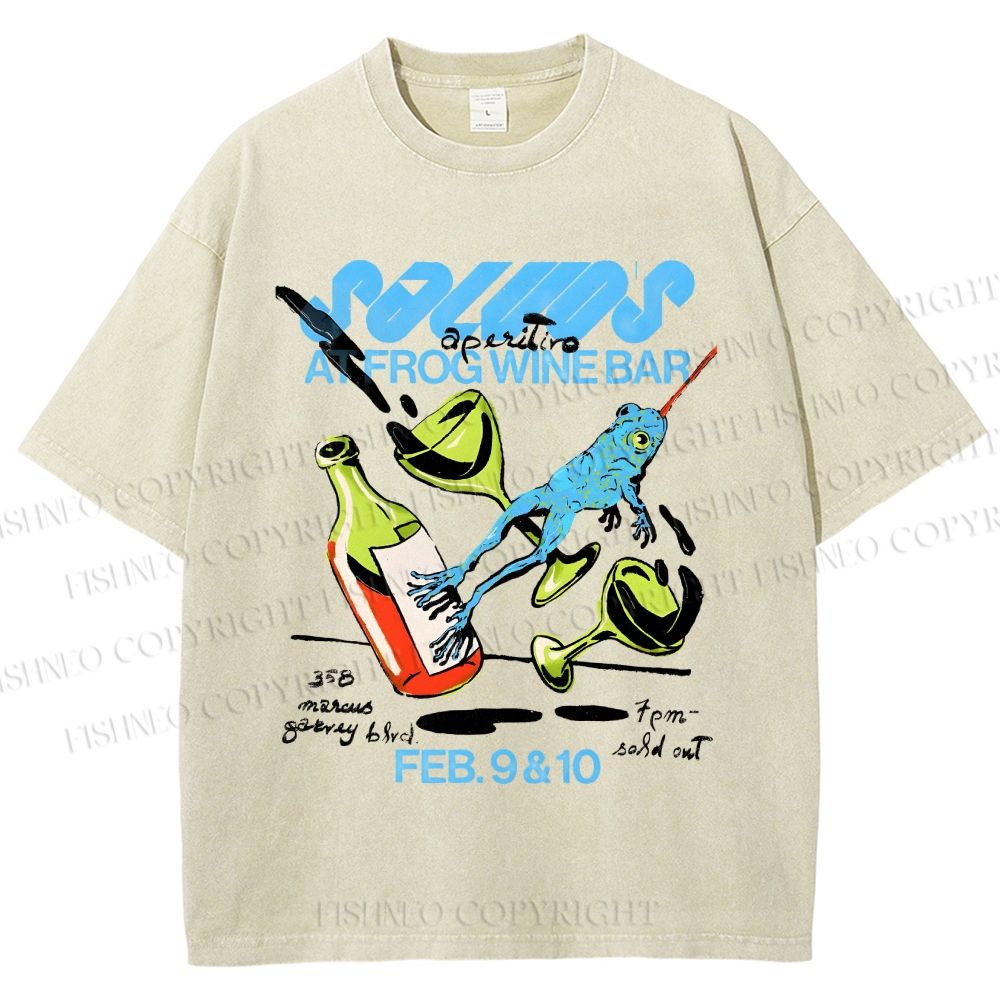 Unisex Frog Wine Bar Printed Washed Tee