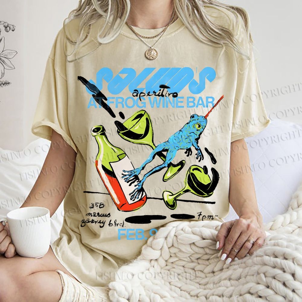 Unisex Frog Wine Bar Printed Washed Tee