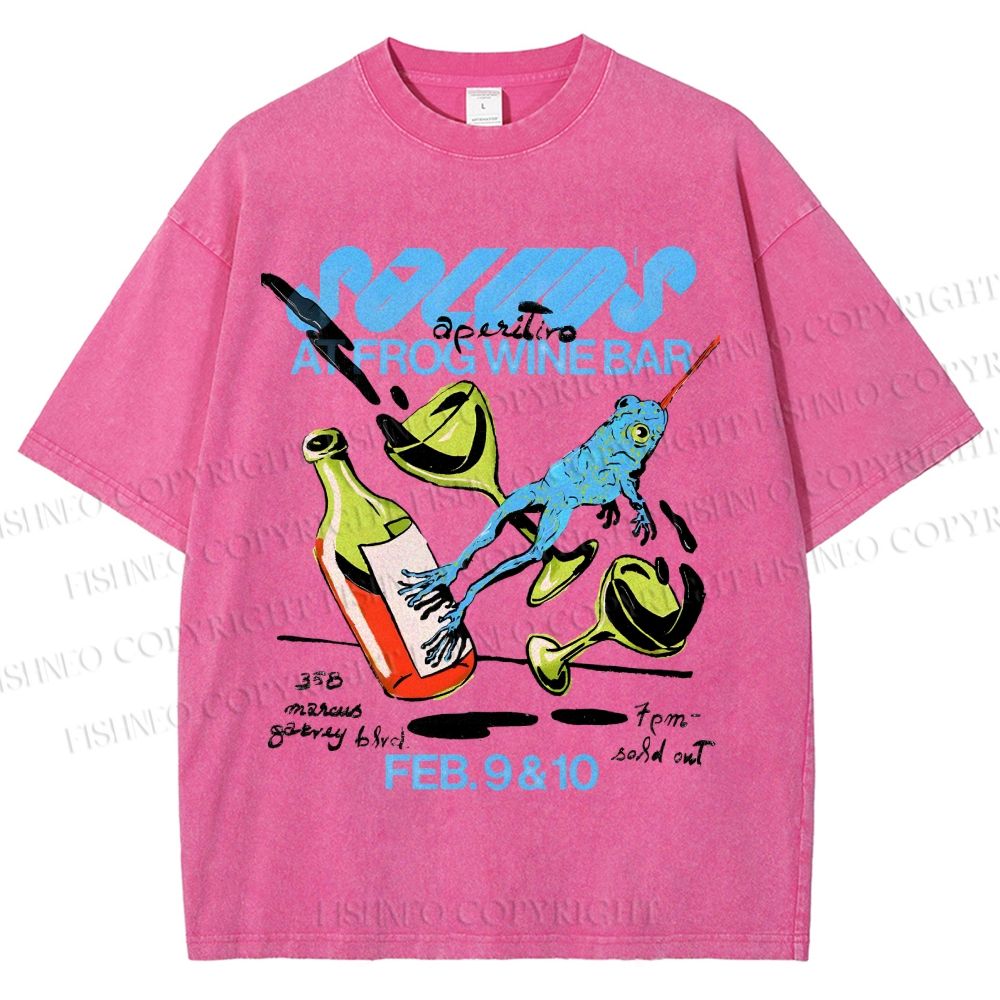 Unisex Frog Wine Bar Printed Washed Tee