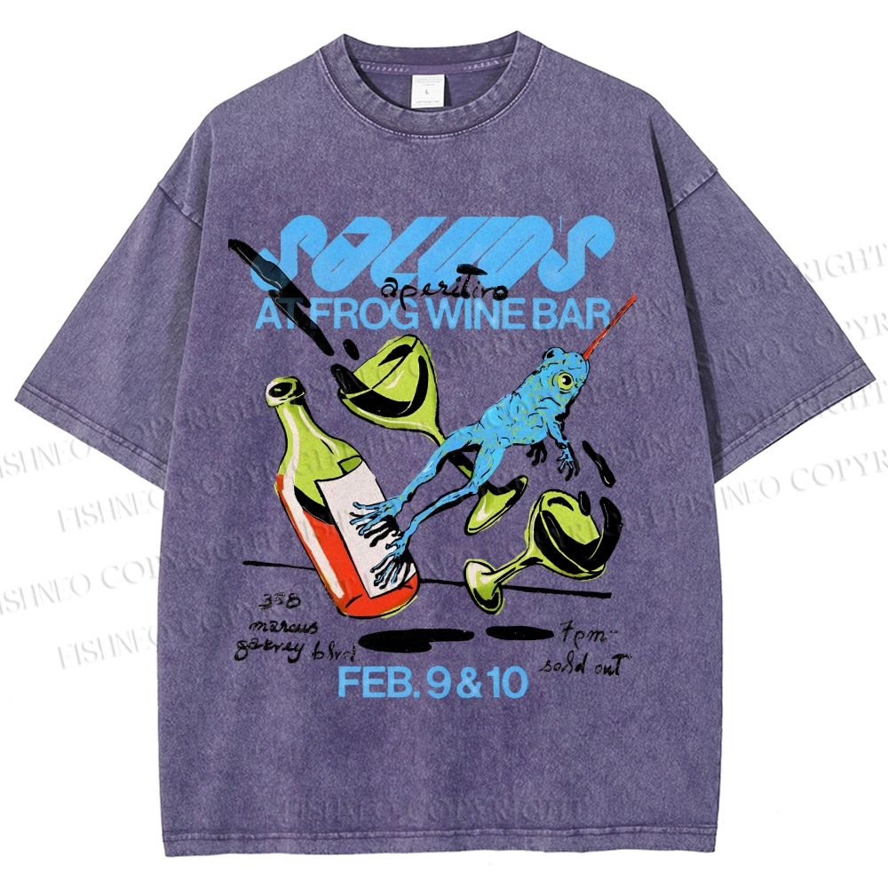 Unisex Frog Wine Bar Printed Washed Tee