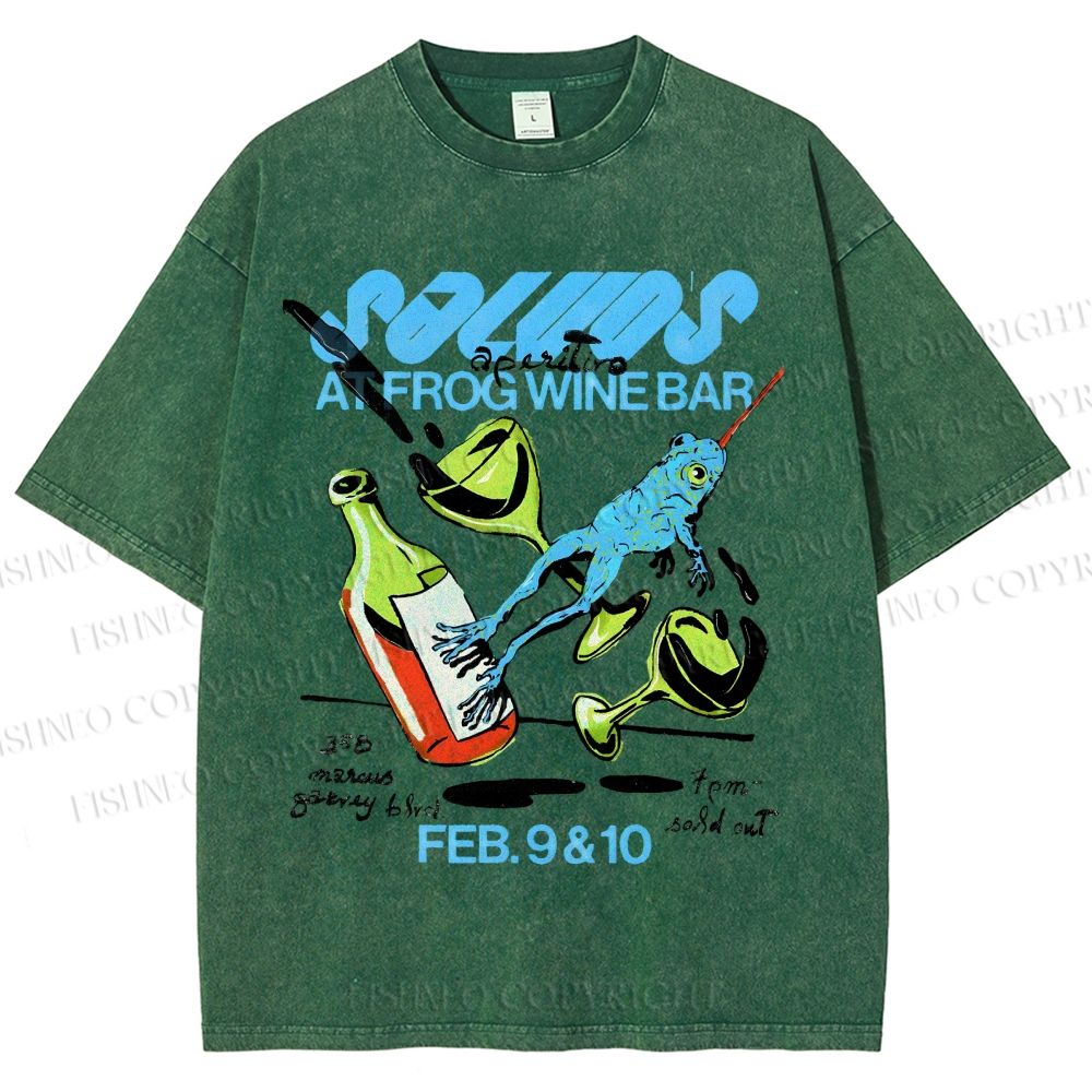 Unisex Frog Wine Bar Printed Washed Tee