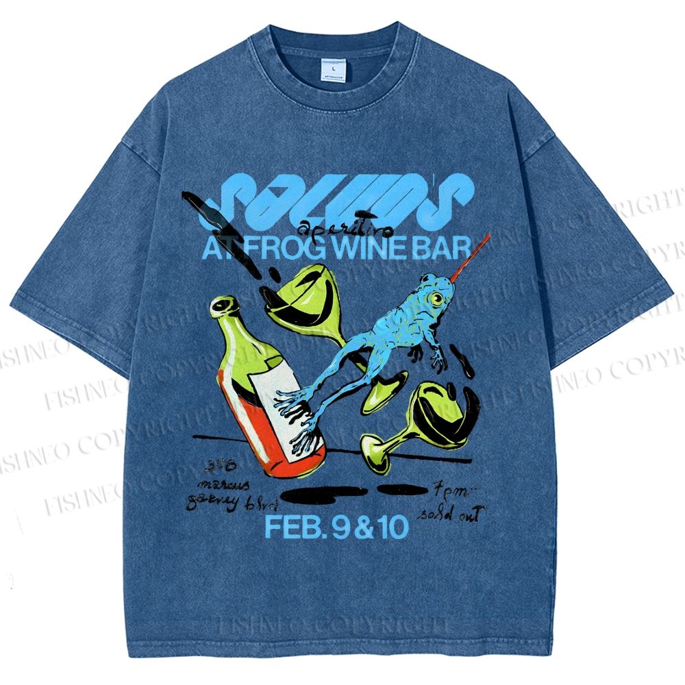 Unisex Frog Wine Bar Printed Washed Tee