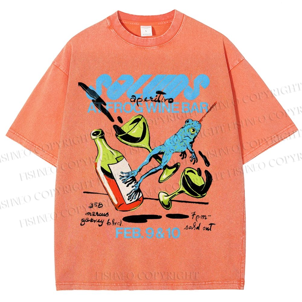 Unisex Frog Wine Bar Printed Washed Tee