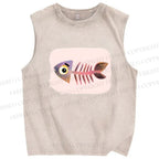 Unisex Fish Bones Printed Washed Tank Top
