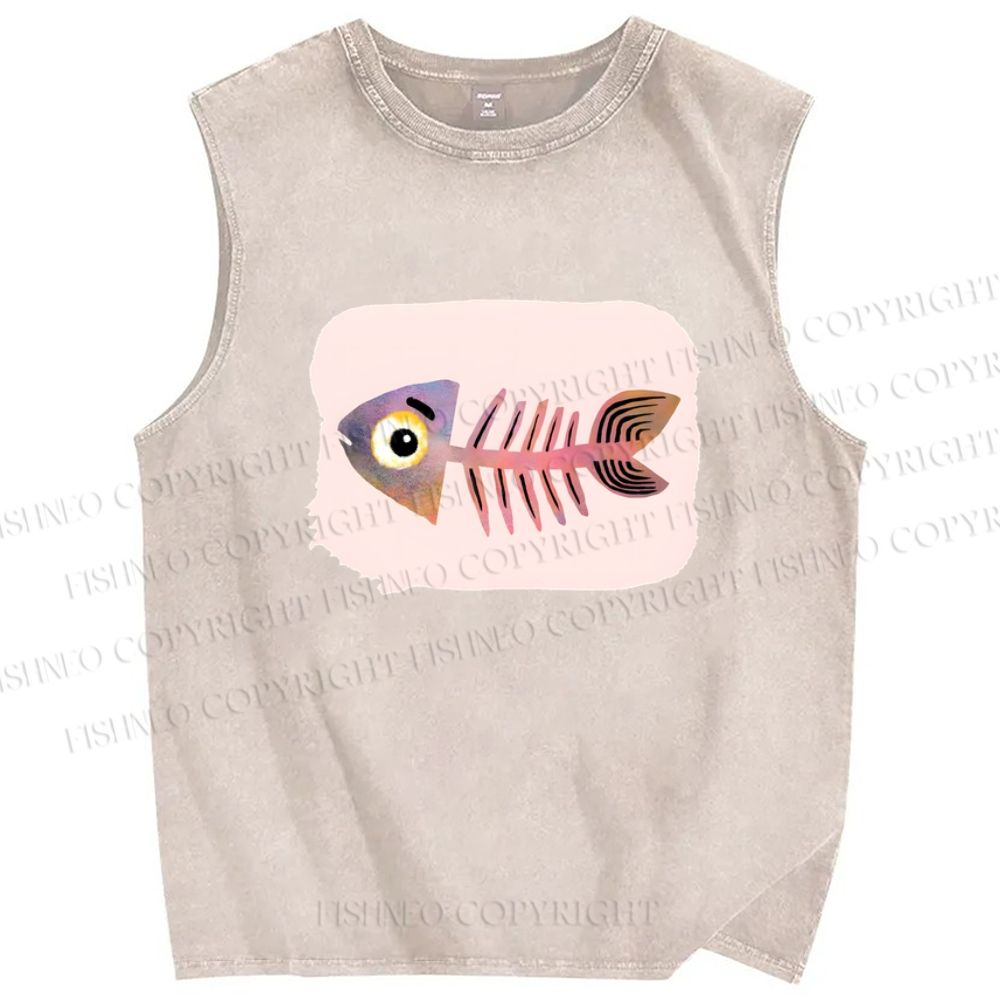 Unisex Fish Bones Printed Washed Tank Top