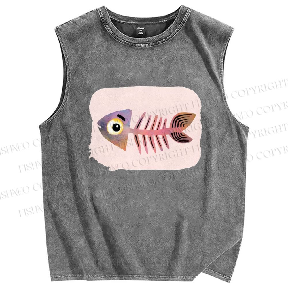 Unisex Fish Bones Printed Washed Tank Top