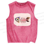 Unisex Fish Bones Printed Washed Tank Top