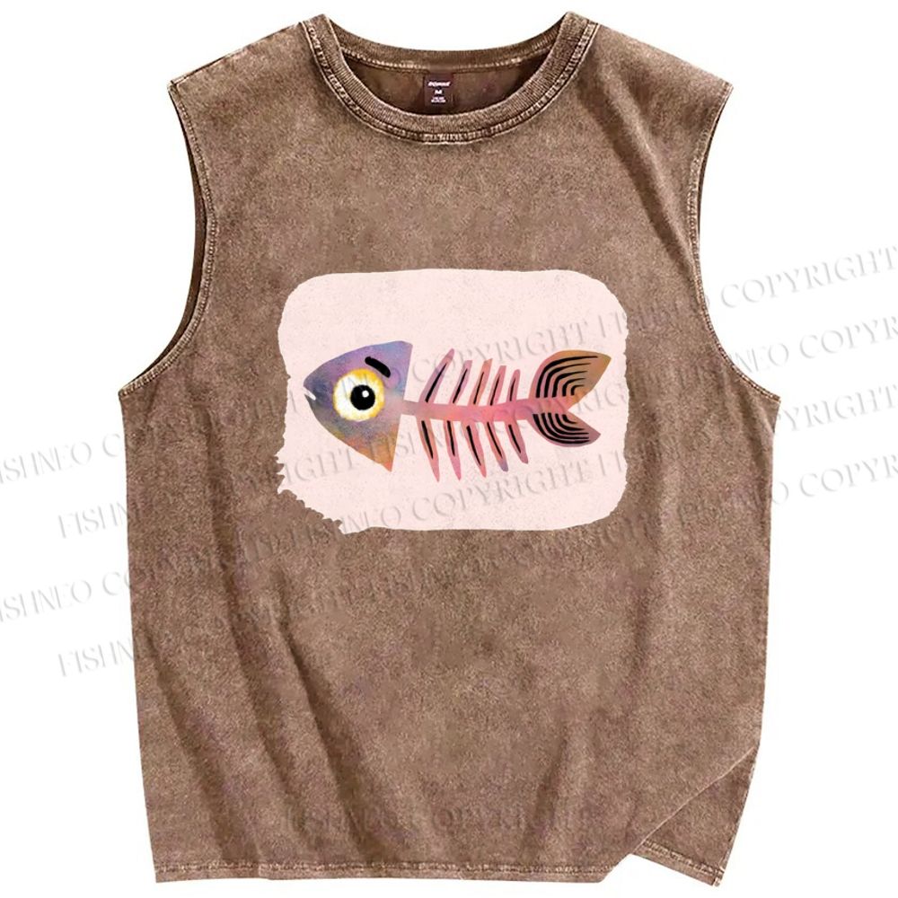 Unisex Fish Bones Printed Washed Tank Top