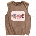 Unisex Fish Bones Printed Washed Tank Top