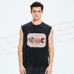 Unisex Fish Bones Printed Washed Tank Top