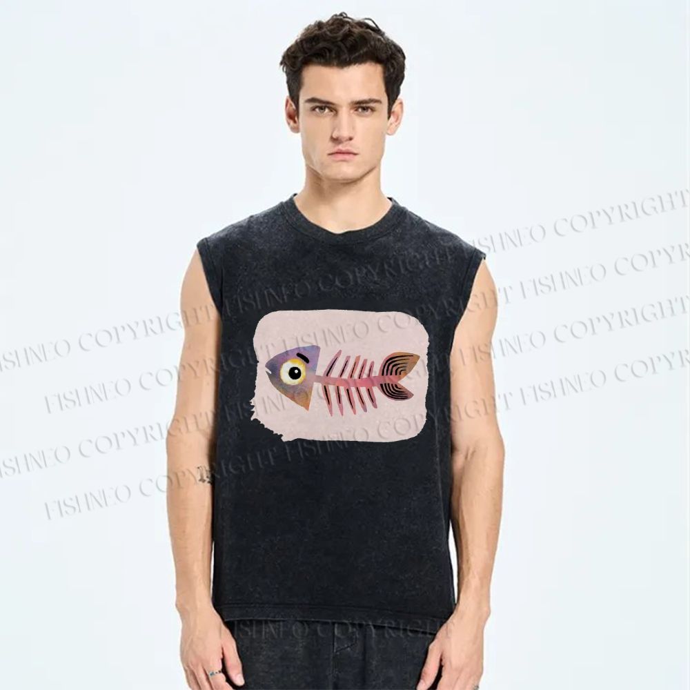 Unisex Fish Bones Printed Washed Tank Top